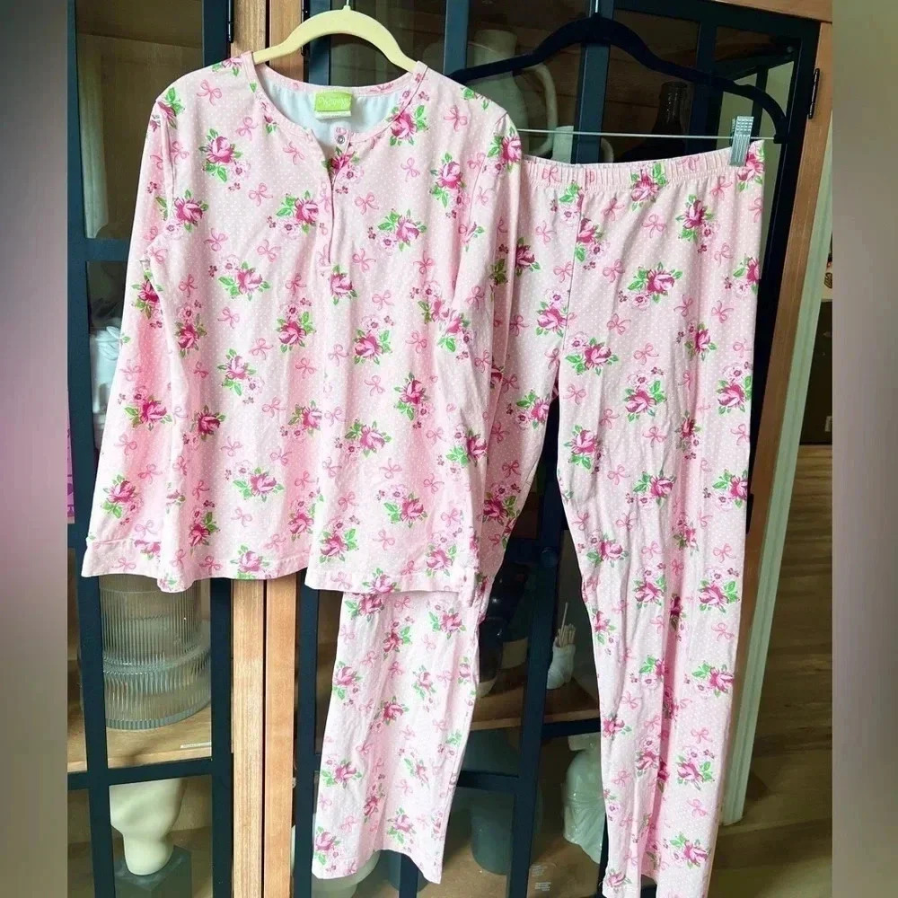 Classic Whimsy Pajamas Set Bows Coquette floral roses long sleeve pants henley
